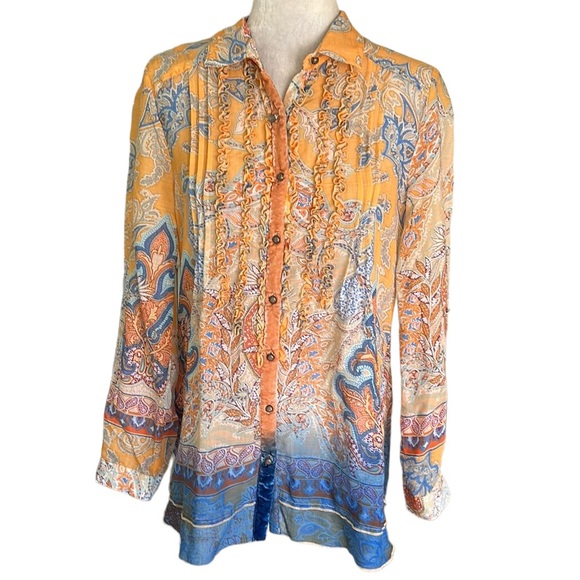 Anthropologie Aratta Silent Journey Peach & Blue Paisley Velvet Trim Blouse - S - Picture 2 of 13